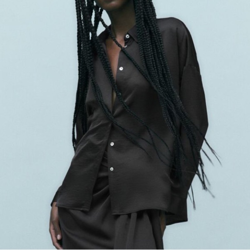 Zara Dropped Shoulder Satin Effect Button Up Long Sleeve Shirt